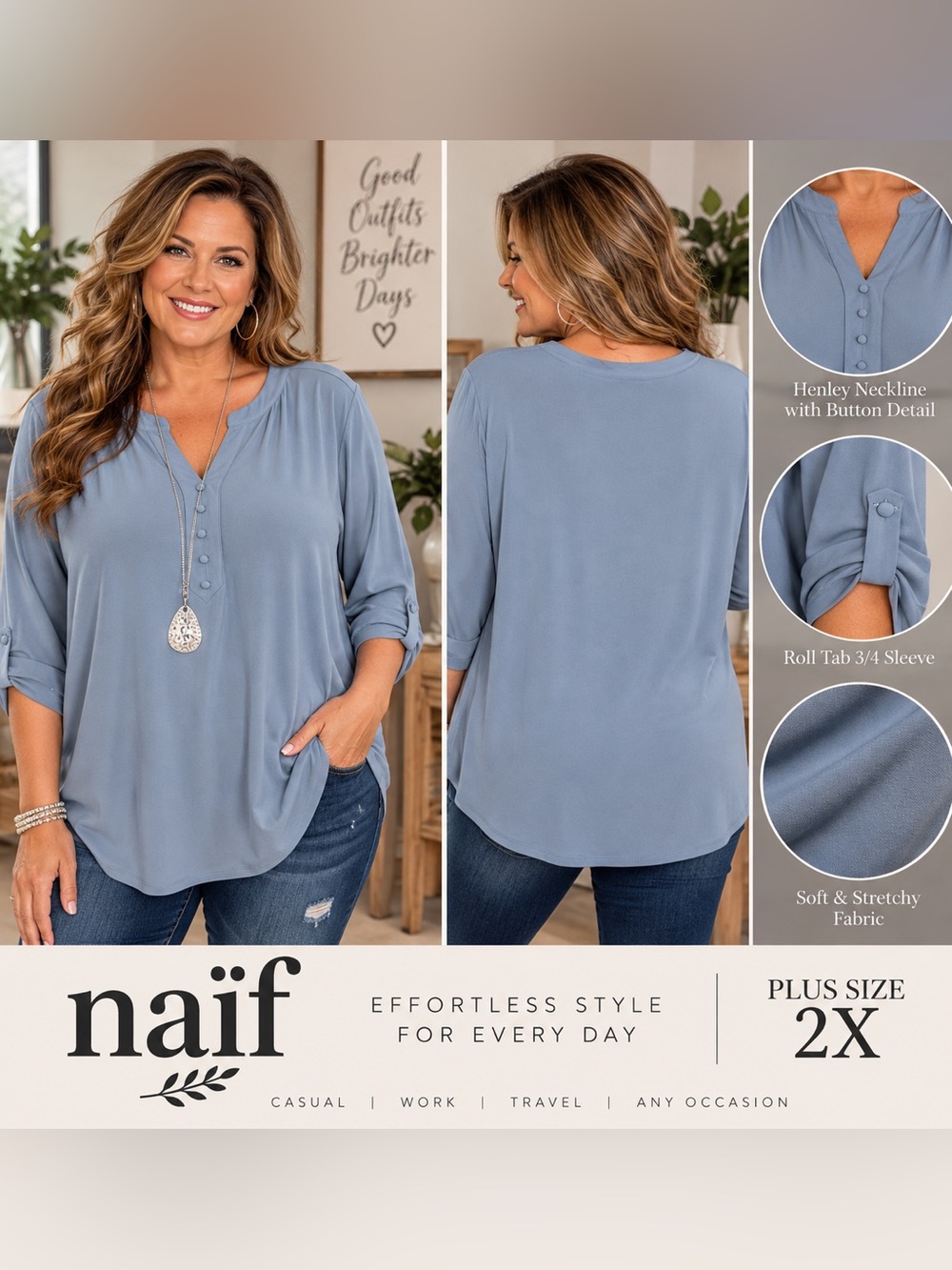 NAÏF Blue 2X Henley Blouse